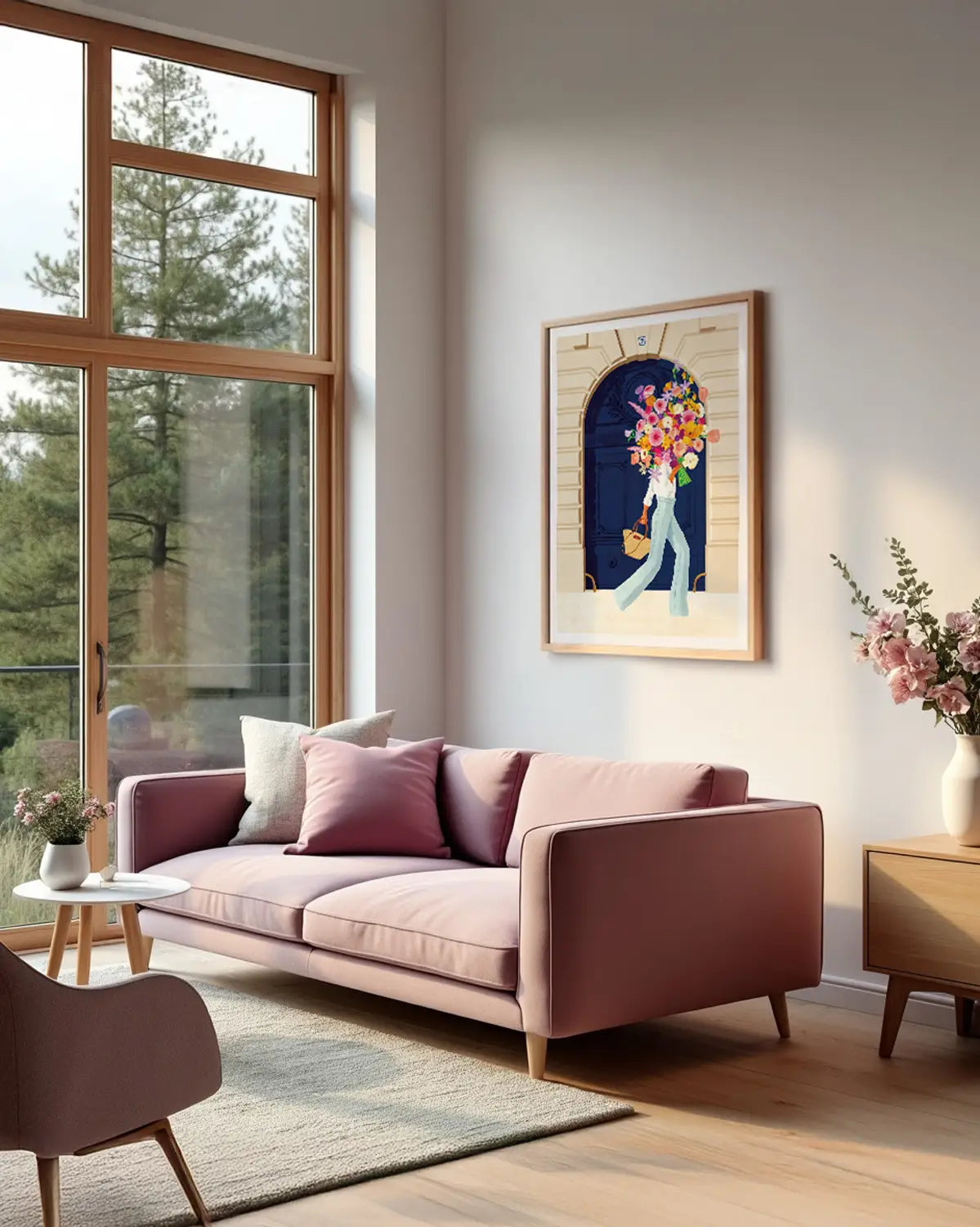 Parisian Door poster by All the Ways to Say framed in a bright living room with a pink sofa
