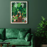 Plant Addict Lady poster by All the Ways to Say framed above a green velvet sofa