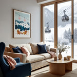 Snowy Alps poster by All the Ways to Say framed in a chalet living room with a view of gondolas