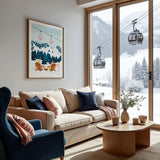 Snowy Alps poster by All the Ways to Say framed in a chalet living room with a view of gondolas