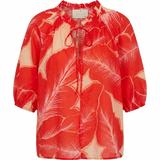 August orange and peach leaf-print blouse with ruffled tie neckline and puff sleeves