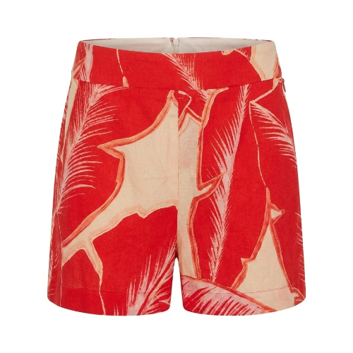 August orange and peach leaf-print tailored shorts, front view