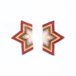 Handwoven half-star earrings in brown and cream, showcasing a vibrant gradient and carefully crafted beaded details