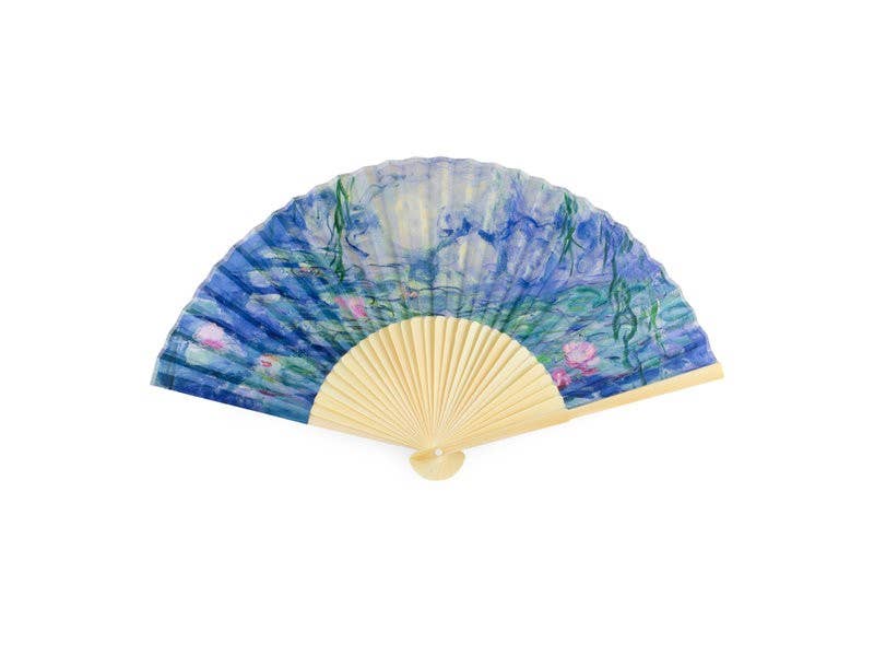 Claude Monet Hand Fan – Waterlilies (Nymphéas) — bamboo folding fan with printed fabric, unfolded, with gift box