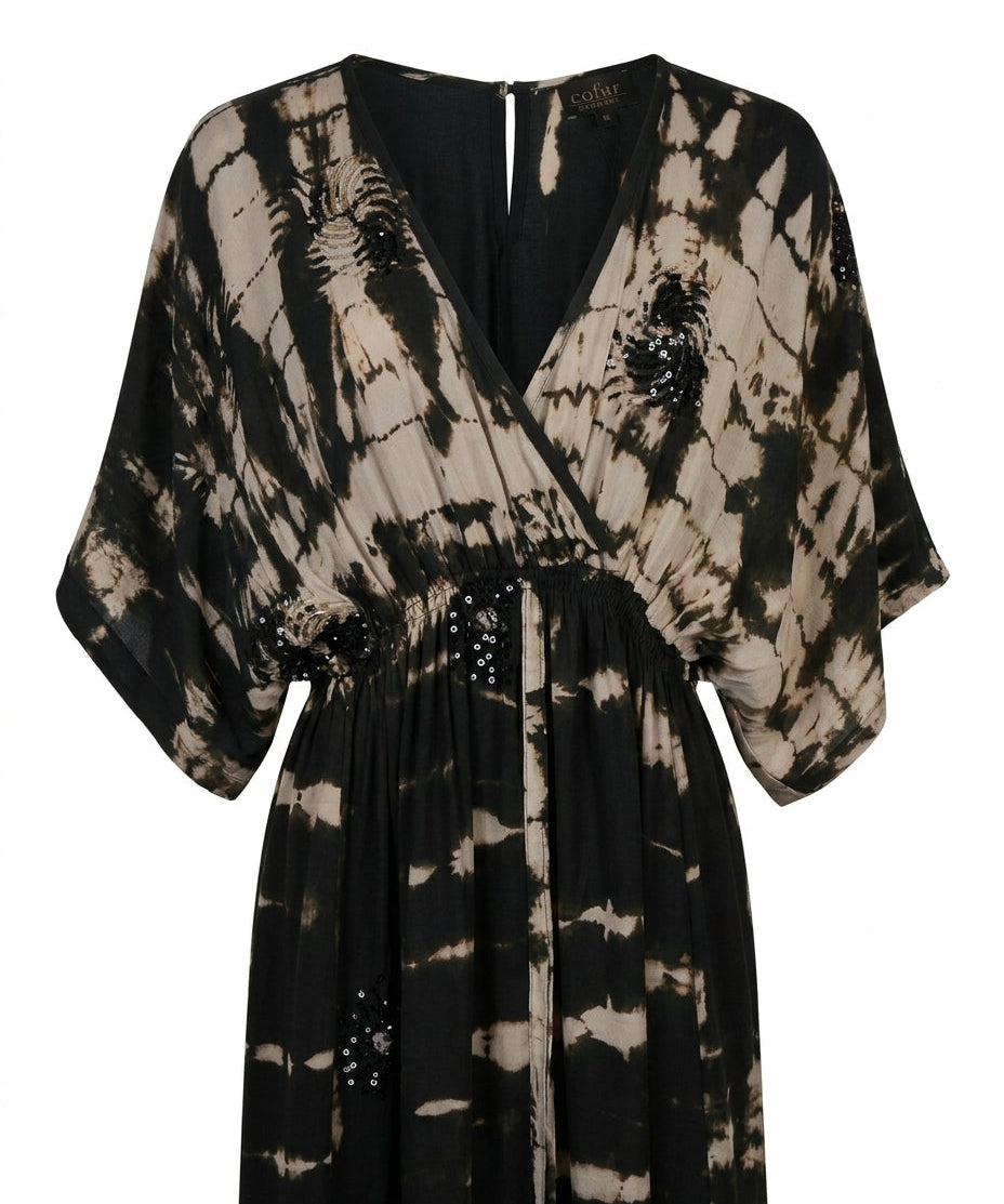 Cofur 'Bali' Embroidered Silk Wrap Dress – Black & Taupe – detail