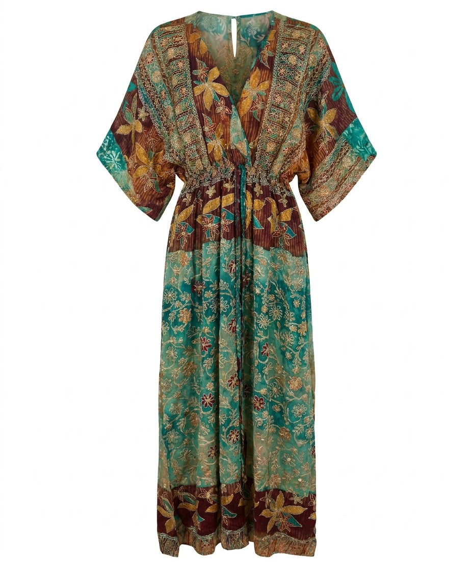 Cofur 'Bali' Embroidered Silk Wrap Dress – Mint & Gold – front view