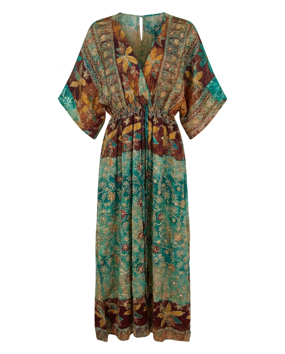 Cofur 'Bali' Embroidered Silk Wrap Dress – Mint & Gold – front view