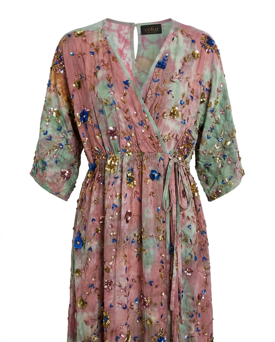 Cofur 'Bali' Embroidered Silk Wrap Dress – Pink & Mint – detail