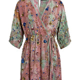Cofur 'Bali' Embroidered Silk Wrap Dress – Pink & Mint – detail