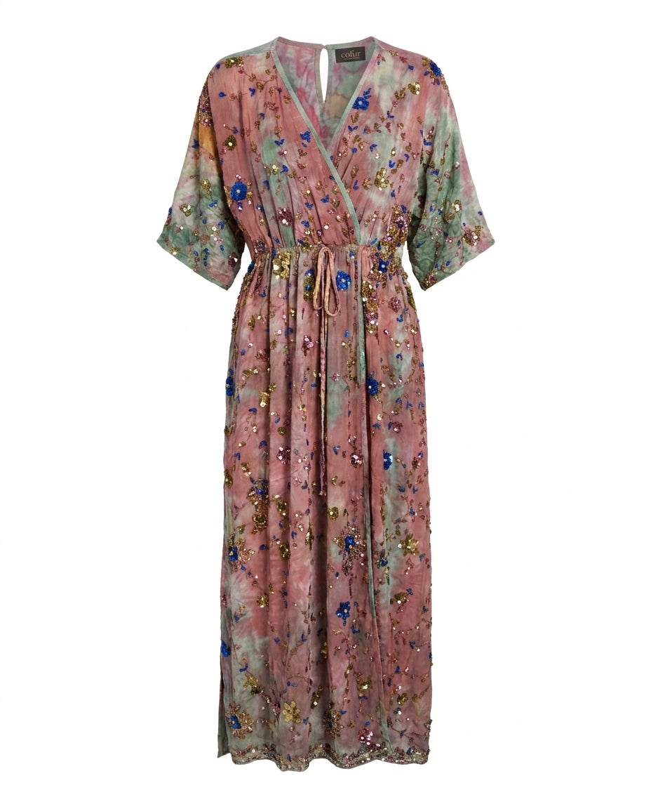 Cofur 'Bali' Embroidered Silk Wrap Dress – Pink & Mint – front view