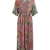 Cofur 'Bali' Embroidered Silk Wrap Dress – Pink & Mint – front view