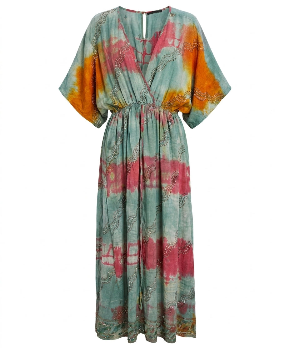 Cofur 'Bali' Embroidered Silk Wrap Dress – Sage & Gold – detail
