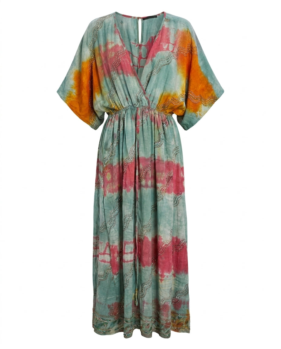 Cofur 'Bali' Embroidered Silk Wrap Dress – Sage & Gold – detail