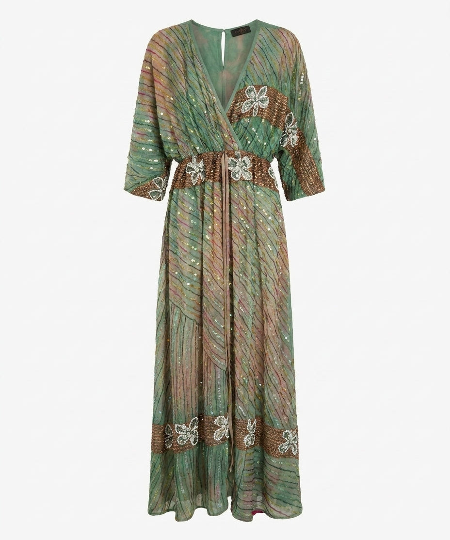 Cofur 'Bali' Embroidered Silk Wrap Dress – Sage & Gold – front view