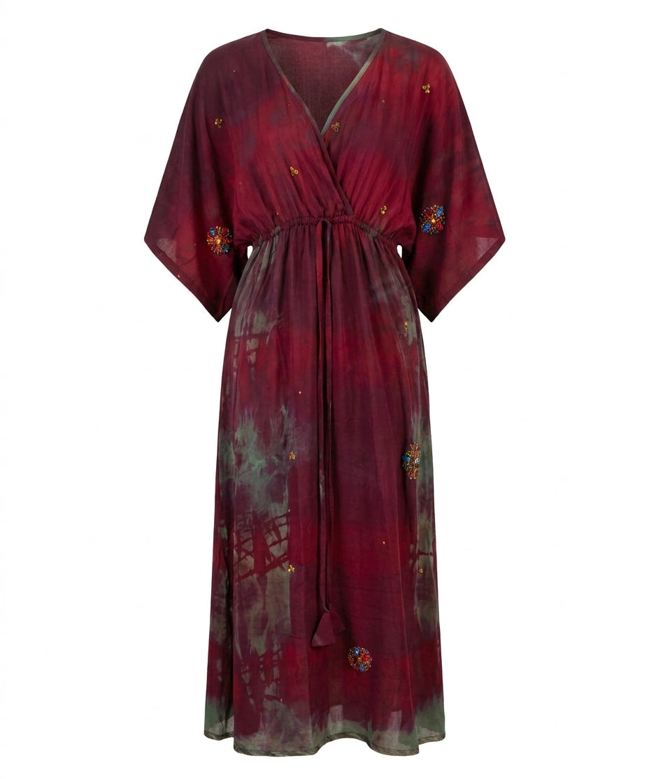 Cofur 'Bali' Embroidered Silk Wrap Dress – Turquoise & Brown – front view