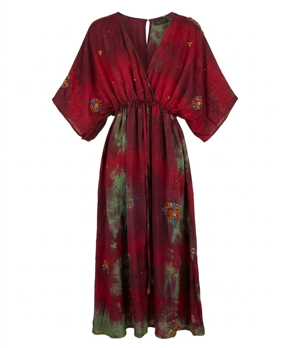 Cofur 'Bali' Silk Wrap Dress – Burgundy & Green – front view