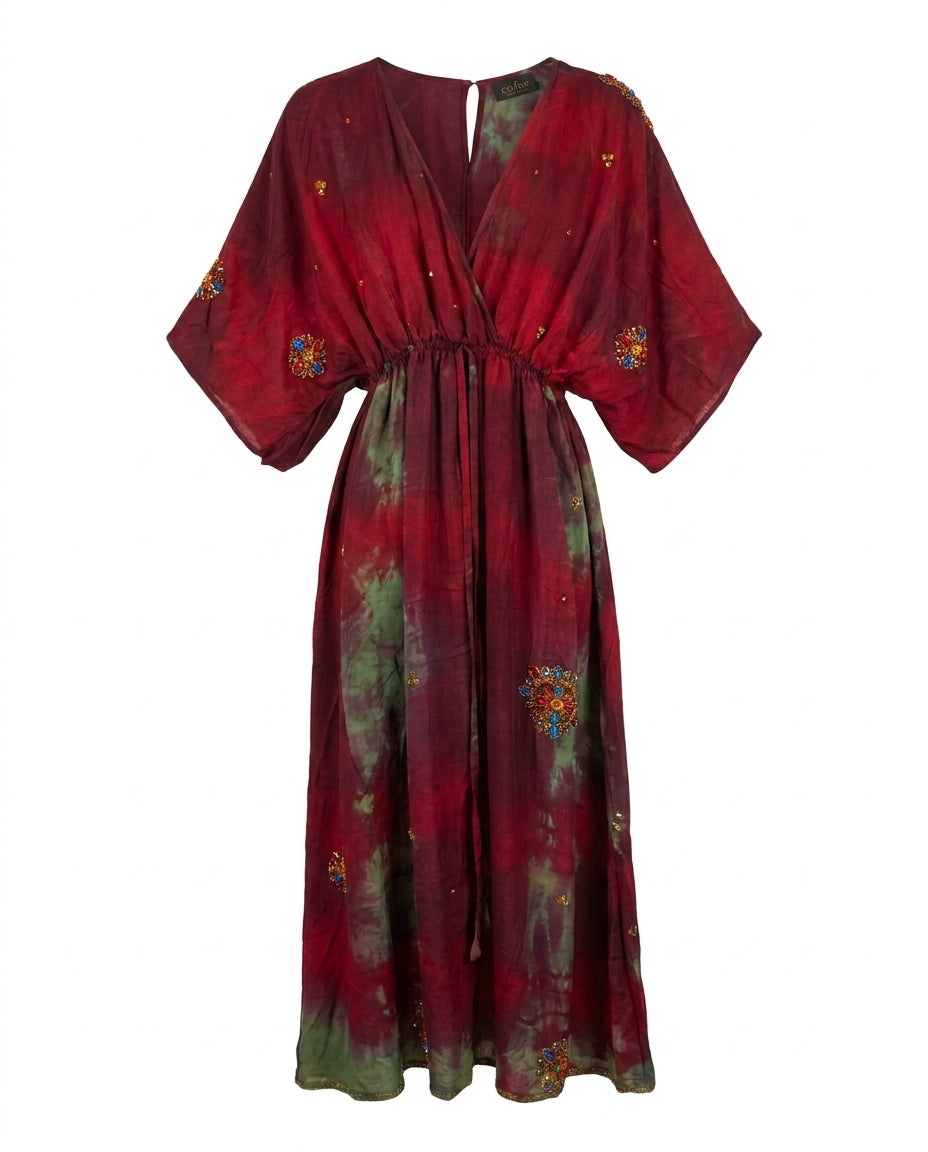 Cofur 'Bali' Silk Wrap Dress – Burgundy & Green – front view