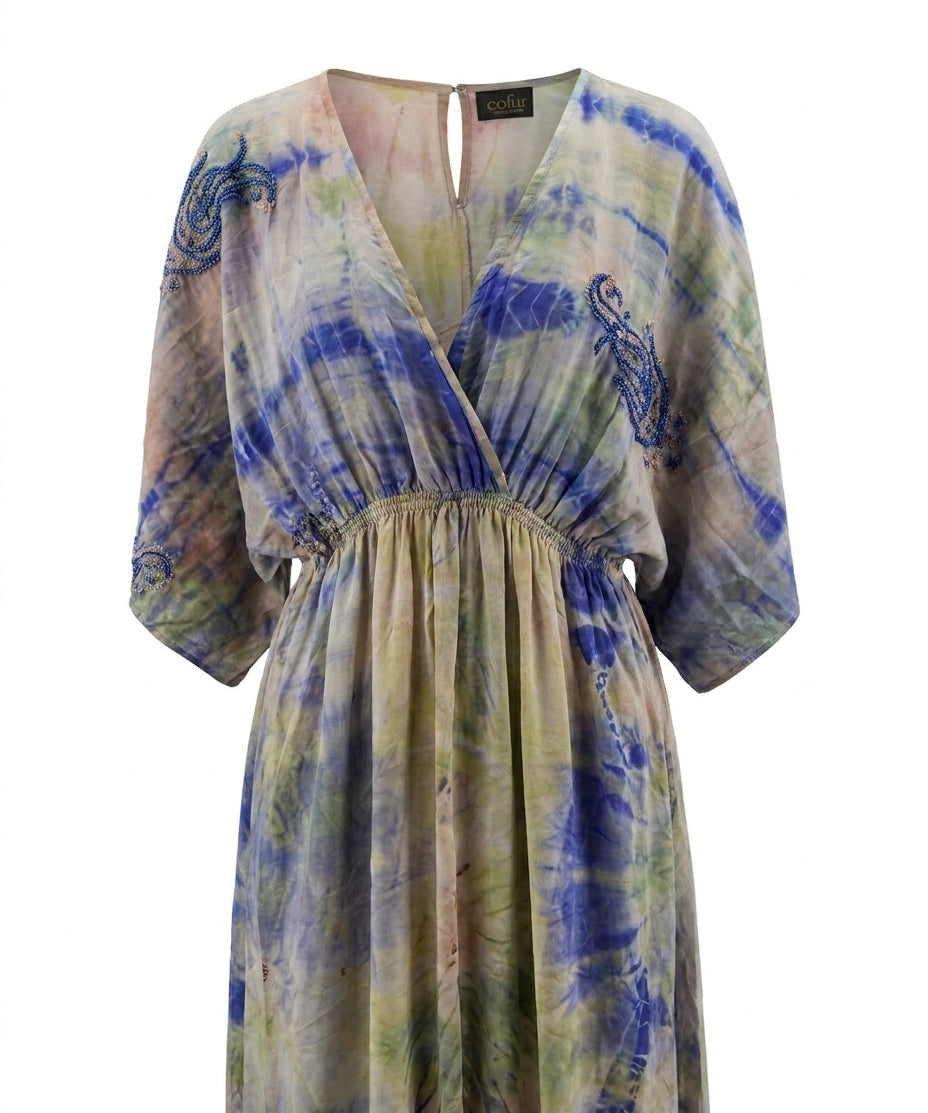 Cofur 'Bali' Silk Wrap Dress – Cornflower & Peach – detail