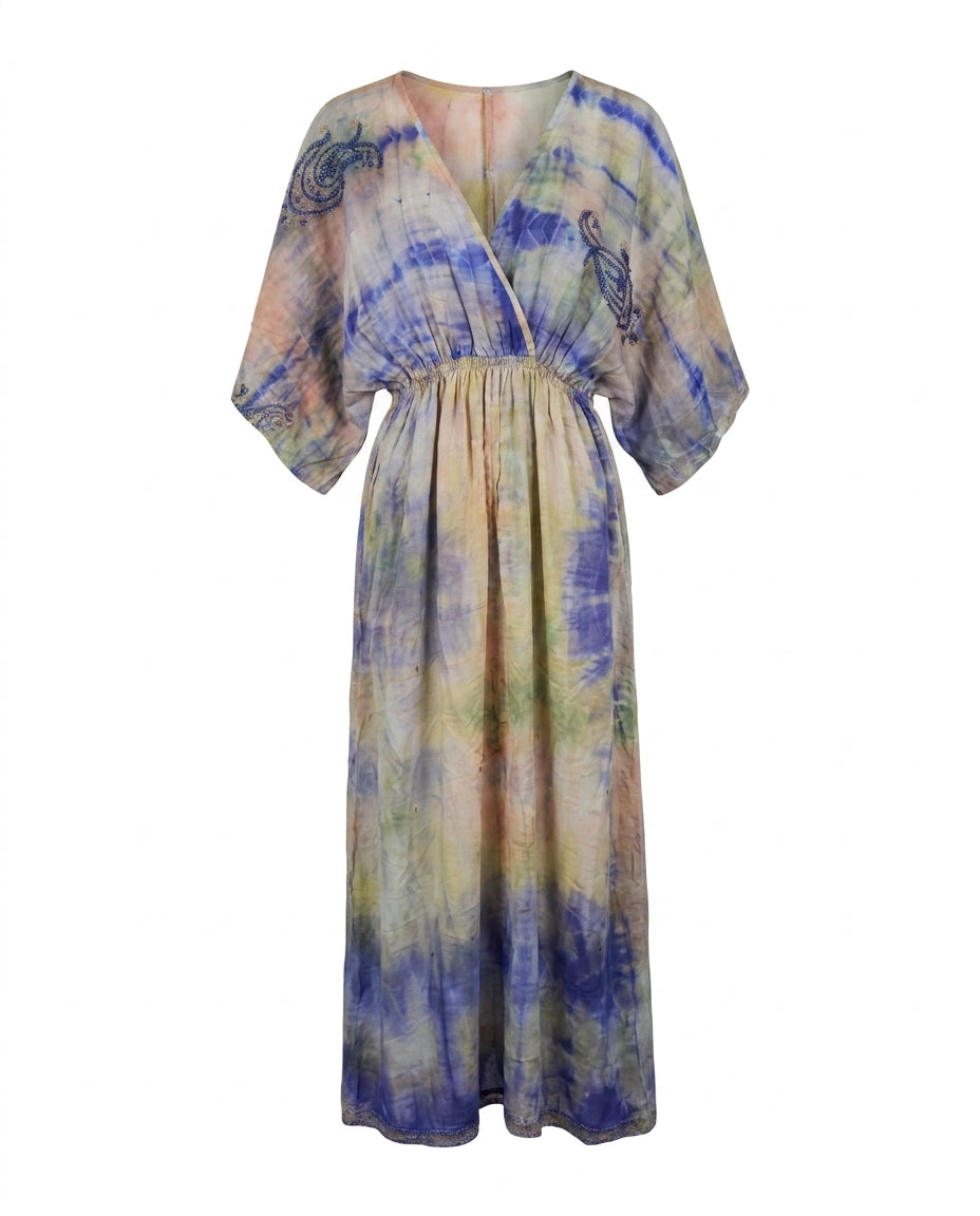Cofur 'Bali' Silk Wrap Dress – Cornflower & Peach – front view