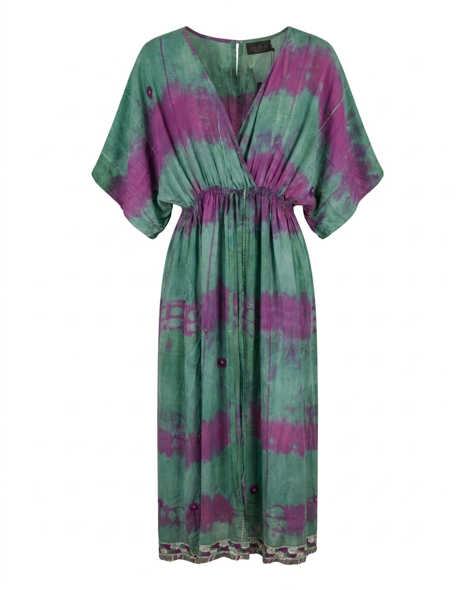 Cofur 'Bali' Silk Wrap Dress – Mint & Magenta – front view