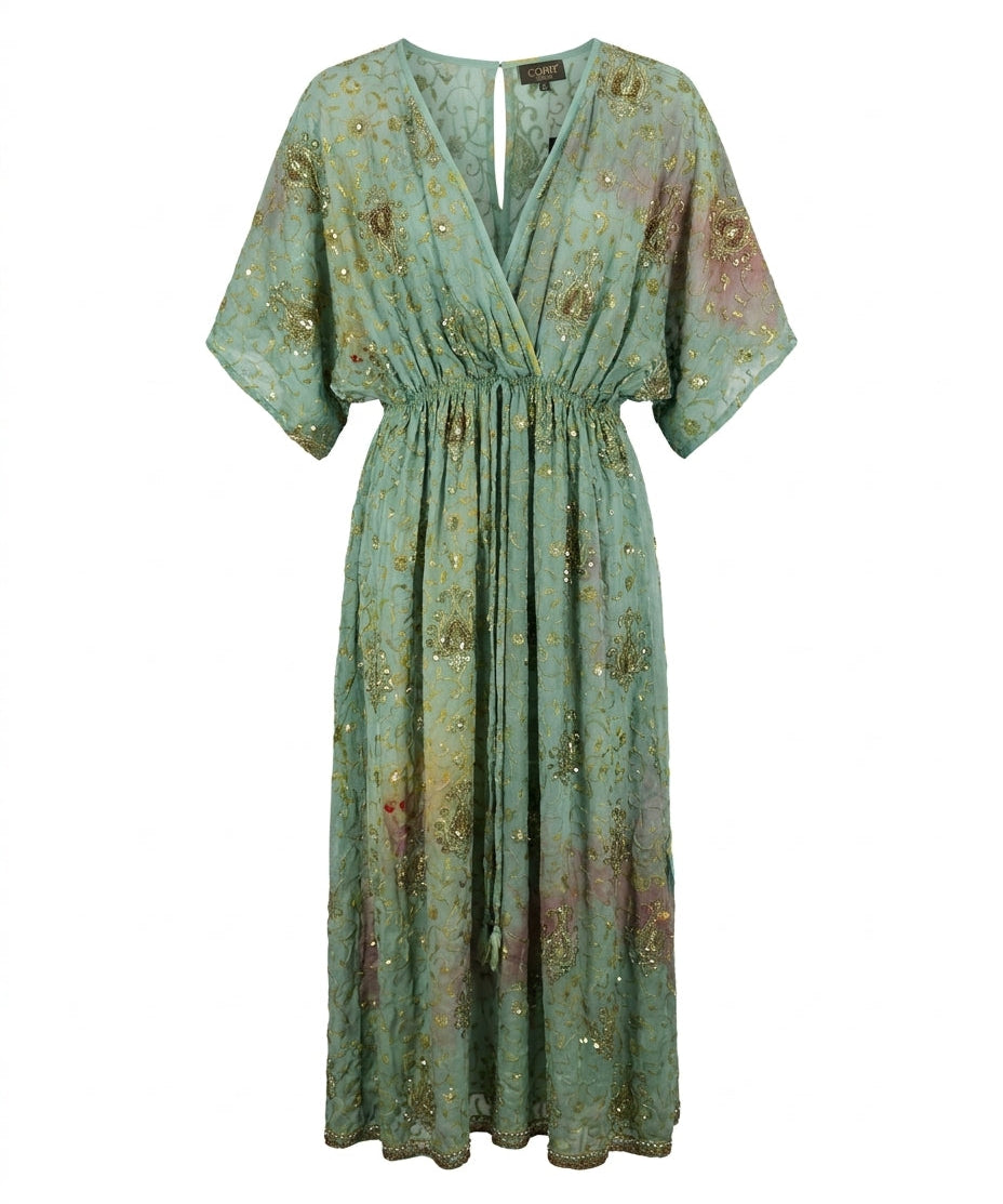 Cofur 'Bali' Silk Wrap Dress – Turquoise & Coral – front view