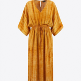 COFUR long drawstring dress in warm mustard yellow with short wide sleeves, made from an upcycled vintage sari