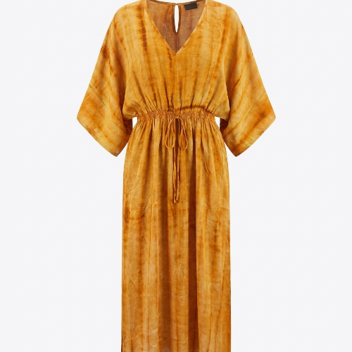 COFUR long drawstring dress in warm mustard yellow with short wide sleeves, made from an upcycled vintage sari