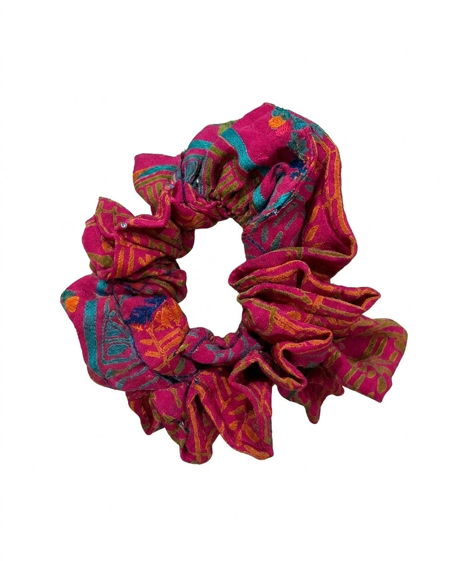 Cofur Embroidered Silk Scrunchie – Fuchsia – front view