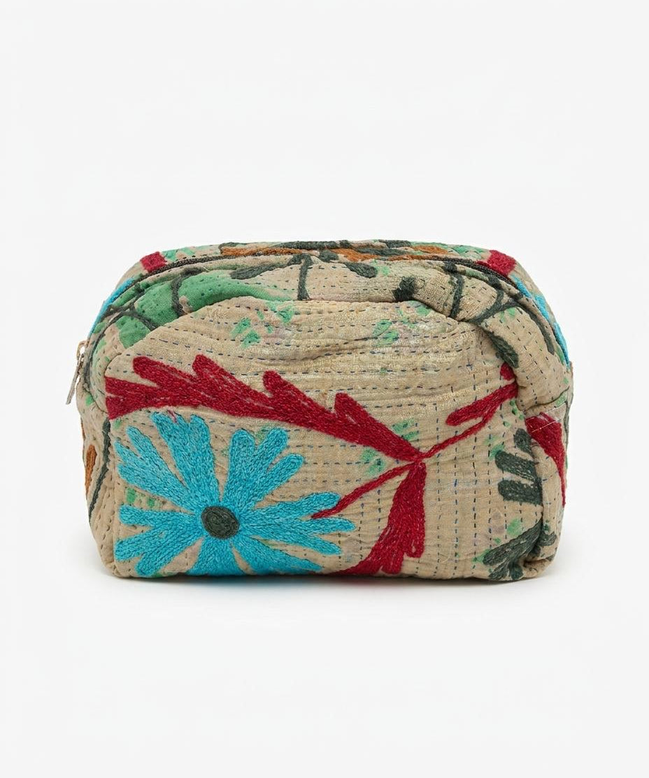 Cofur Embroidered Toiletry Bag – Ecru & Turquoise – front view