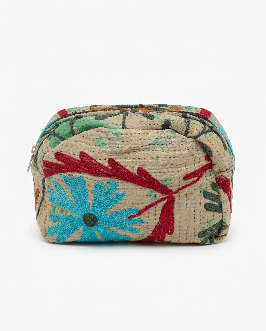 Cofur Embroidered Toiletry Bag – Ecru & Turquoise – front view