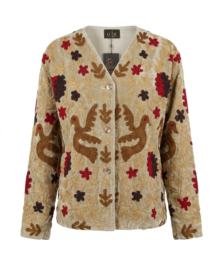 Cofur Embroidered Velvet Jacket – Sand – front view