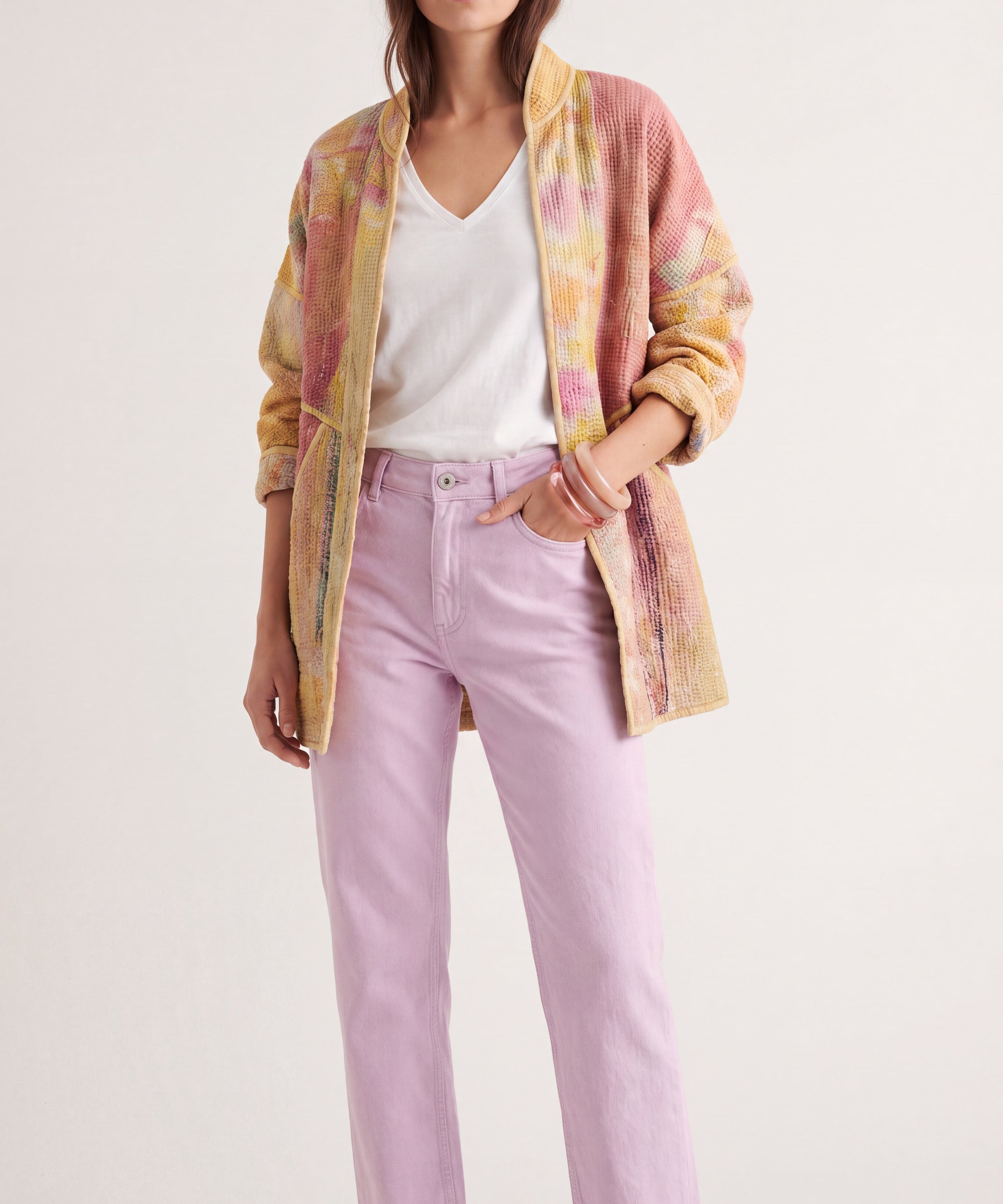 Cofur Kantha Jacket – Apricot & Pale Pink – worn