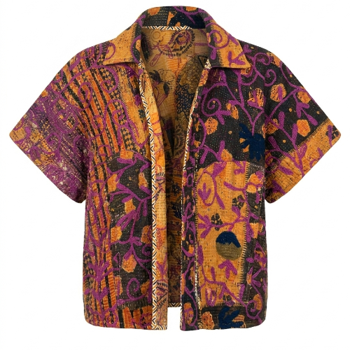 COFUR kantha jacket in ochre, plum and navy patchwork prints with a small collar and short sleeves