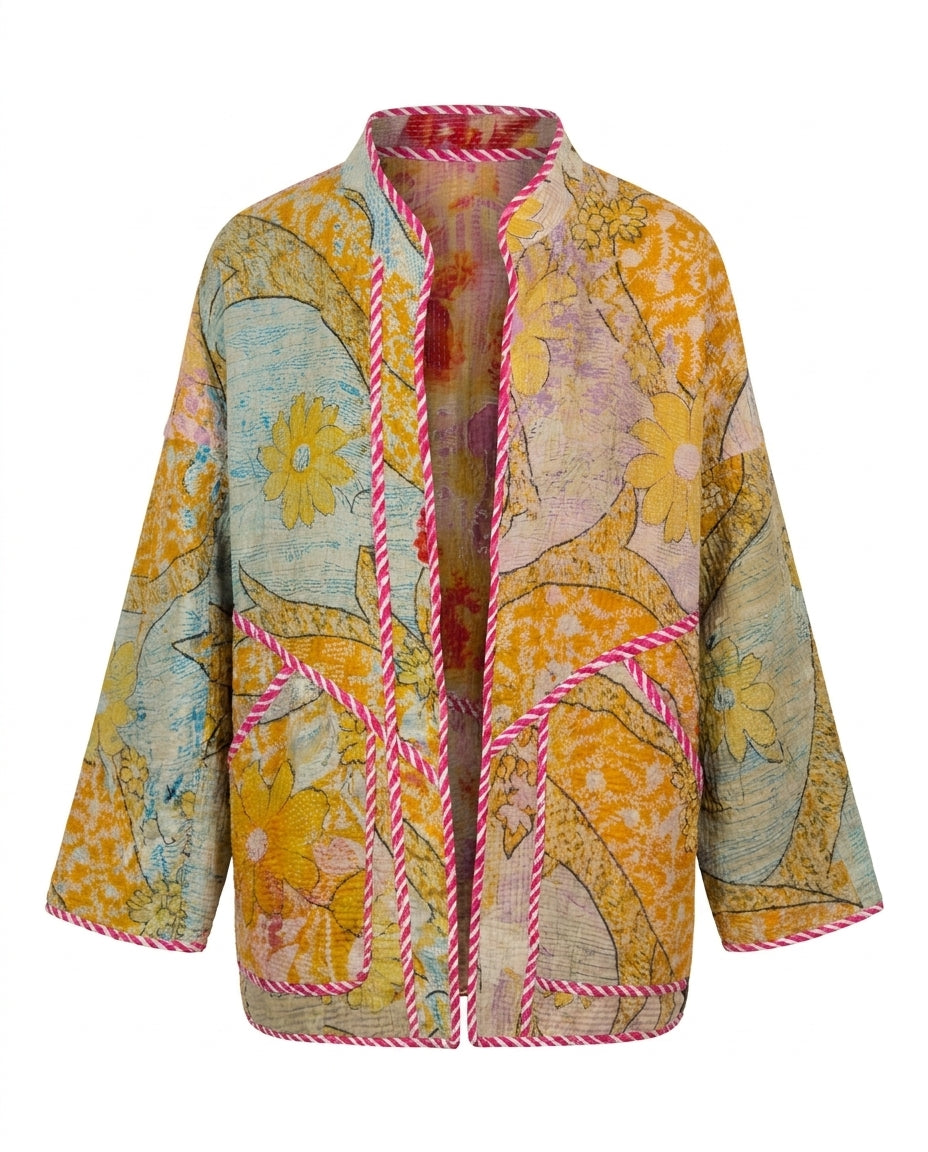 Cofur Kantha Jacket – Saffron & Turquoise – front view