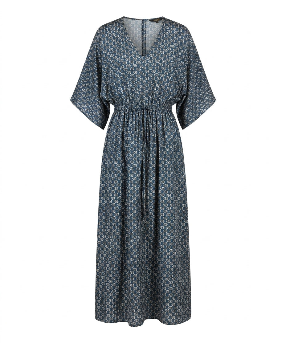 Cofur 'Lombock' Silk Kaftan Dress – Indigo & Ecru – front view