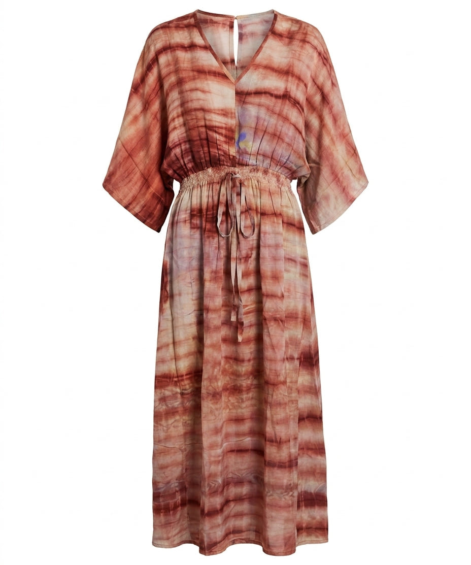Cofur 'Lombock' Silk Kaftan Dress – Terracotta & Pink – front view