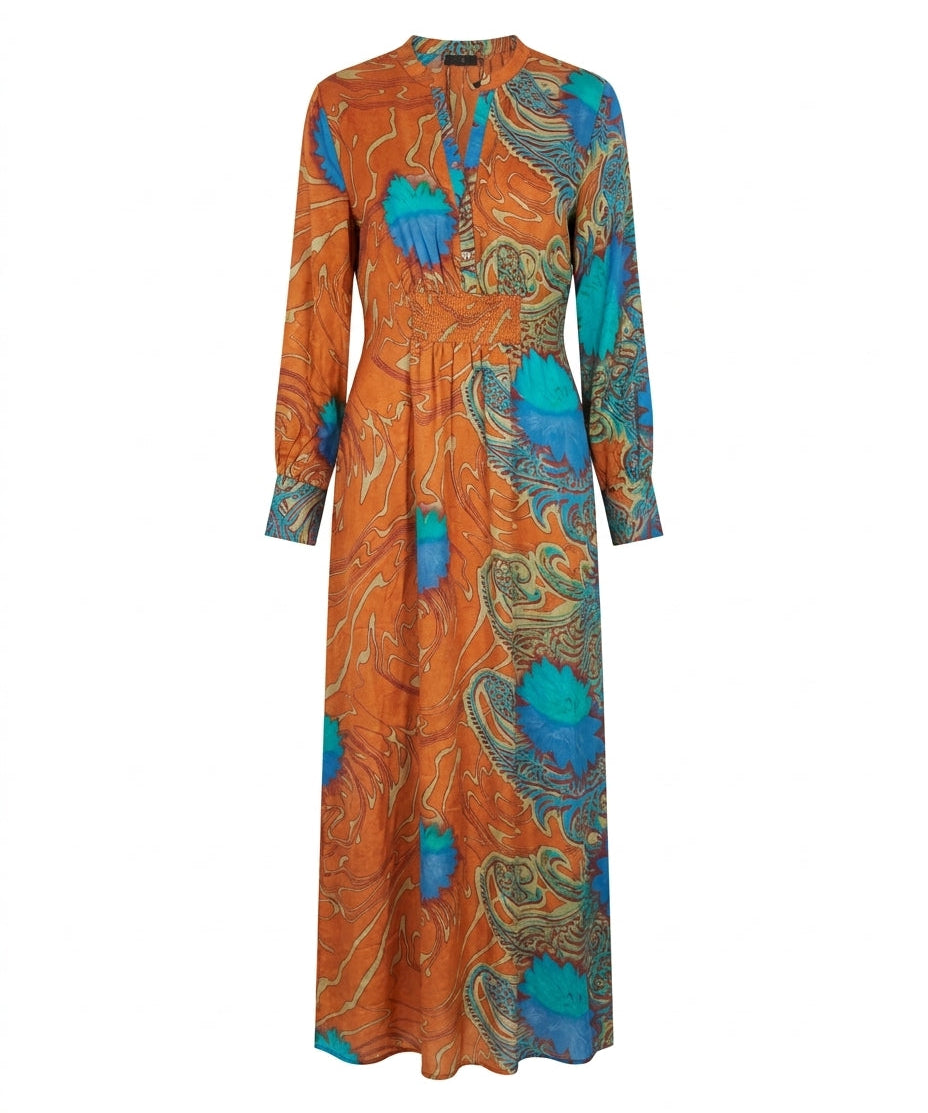 Cofur 'Manhattan' Silk Shirt Dress – Orange & Turquoise – front view