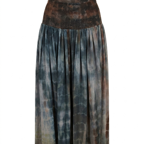 COFUR long skirt in grey-blue tie-dye with a wide gathered brown printed waistband, made from an upcycled vintage sari
