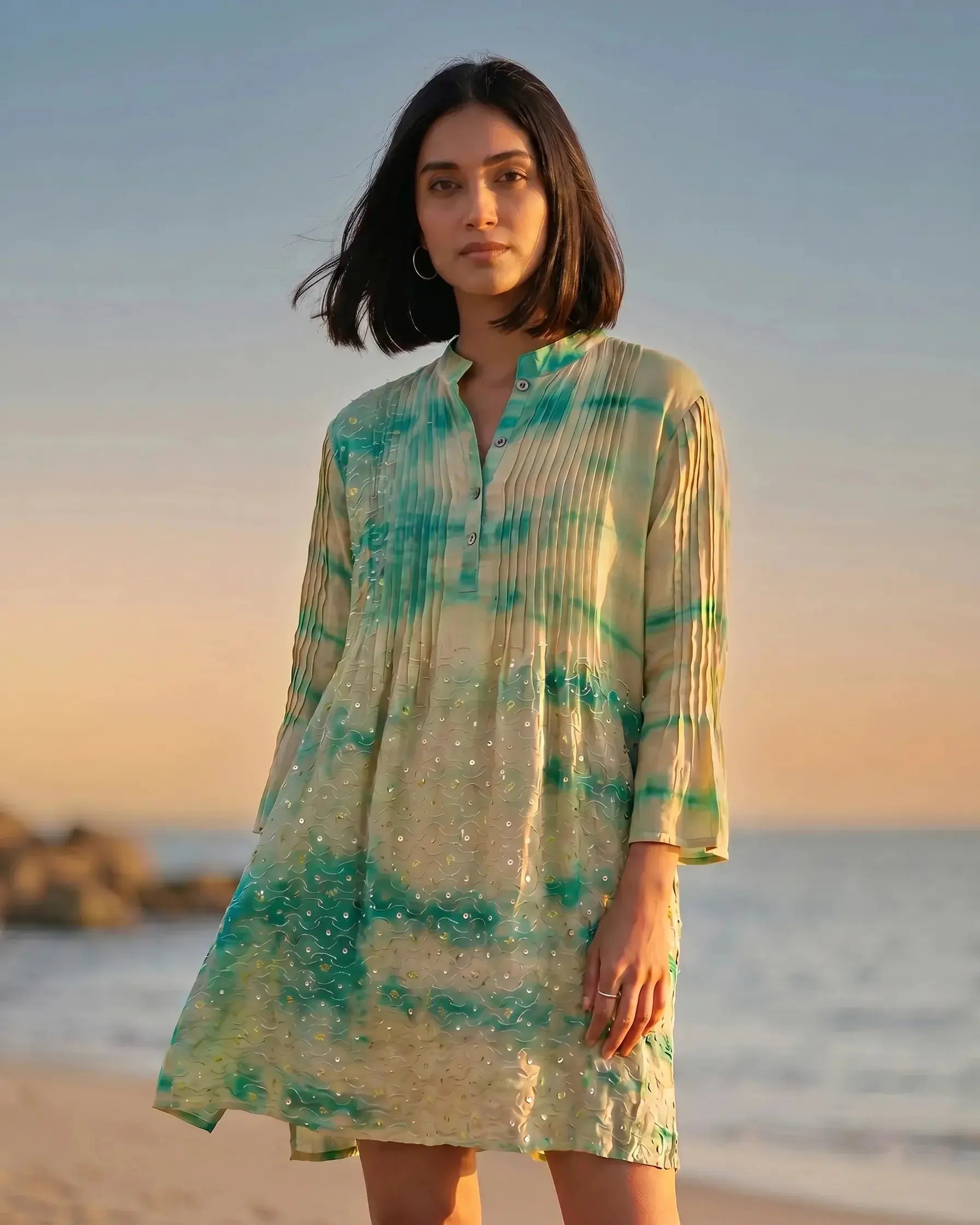 One of a Kind Silk City Dress in Turquoise - hand-dyed vintage silk sari dress by Cofur, La Muse Geneva