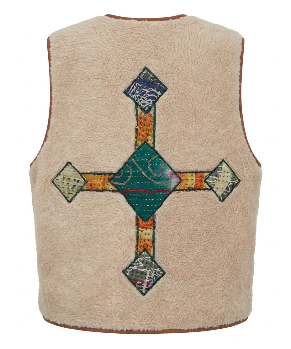 Cofur Sequin Sherpa Gilet – Ecru & Emerald – back view
