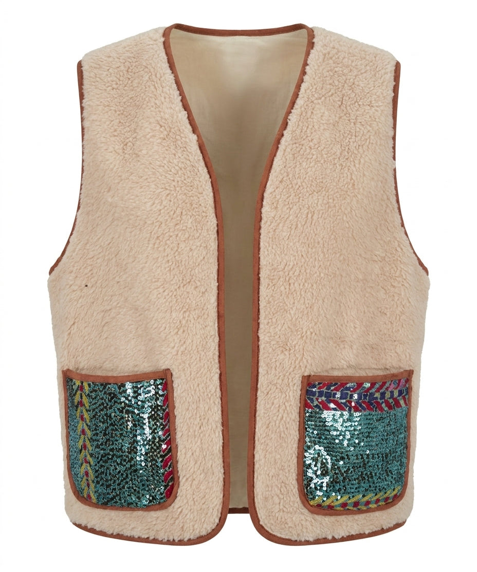 Cofur Sequin Sherpa Gilet – Ecru & Emerald – front view