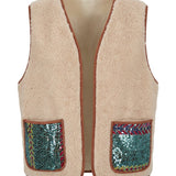 Cofur Sequin Sherpa Gilet – Ecru & Emerald – front view
