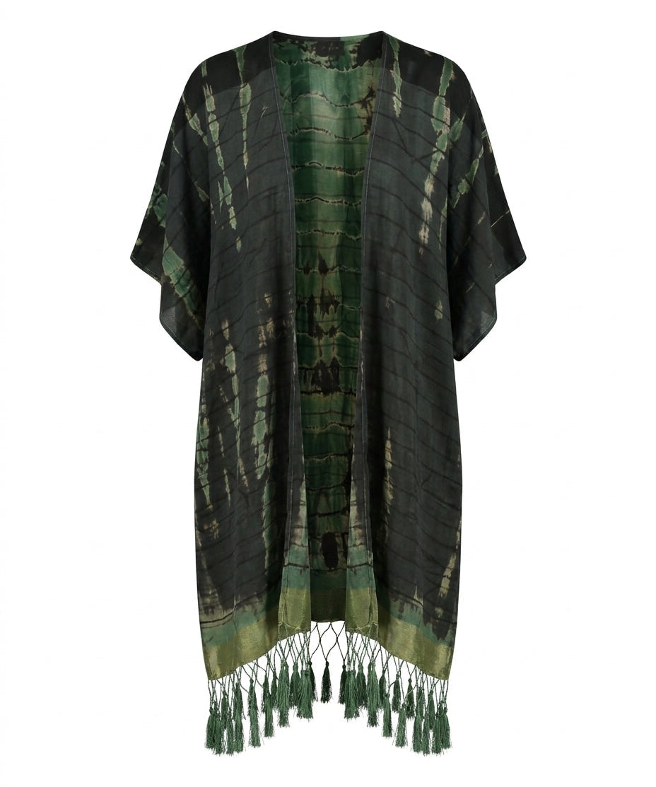 Cofur Silk Pompom Fringe Kimono – Fir Green & Gold – front view