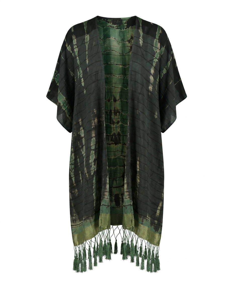 Cofur Silk Pompom Fringe Kimono – Fir Green & Gold – front view