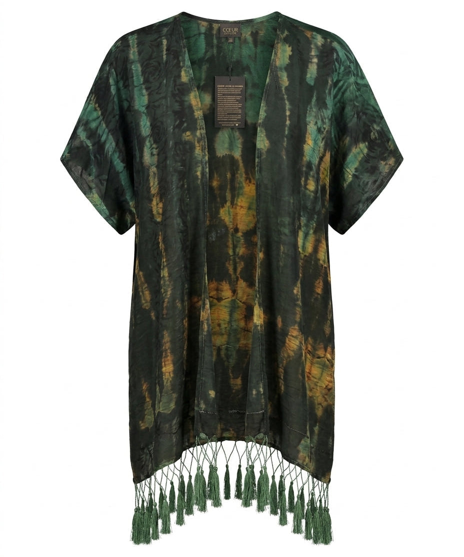 Cofur Silk Pompom Fringe Kimono – Khaki & Rust – detail