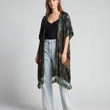 Cofur Silk Pompom Fringe Kimono – Khaki & Rust – front view