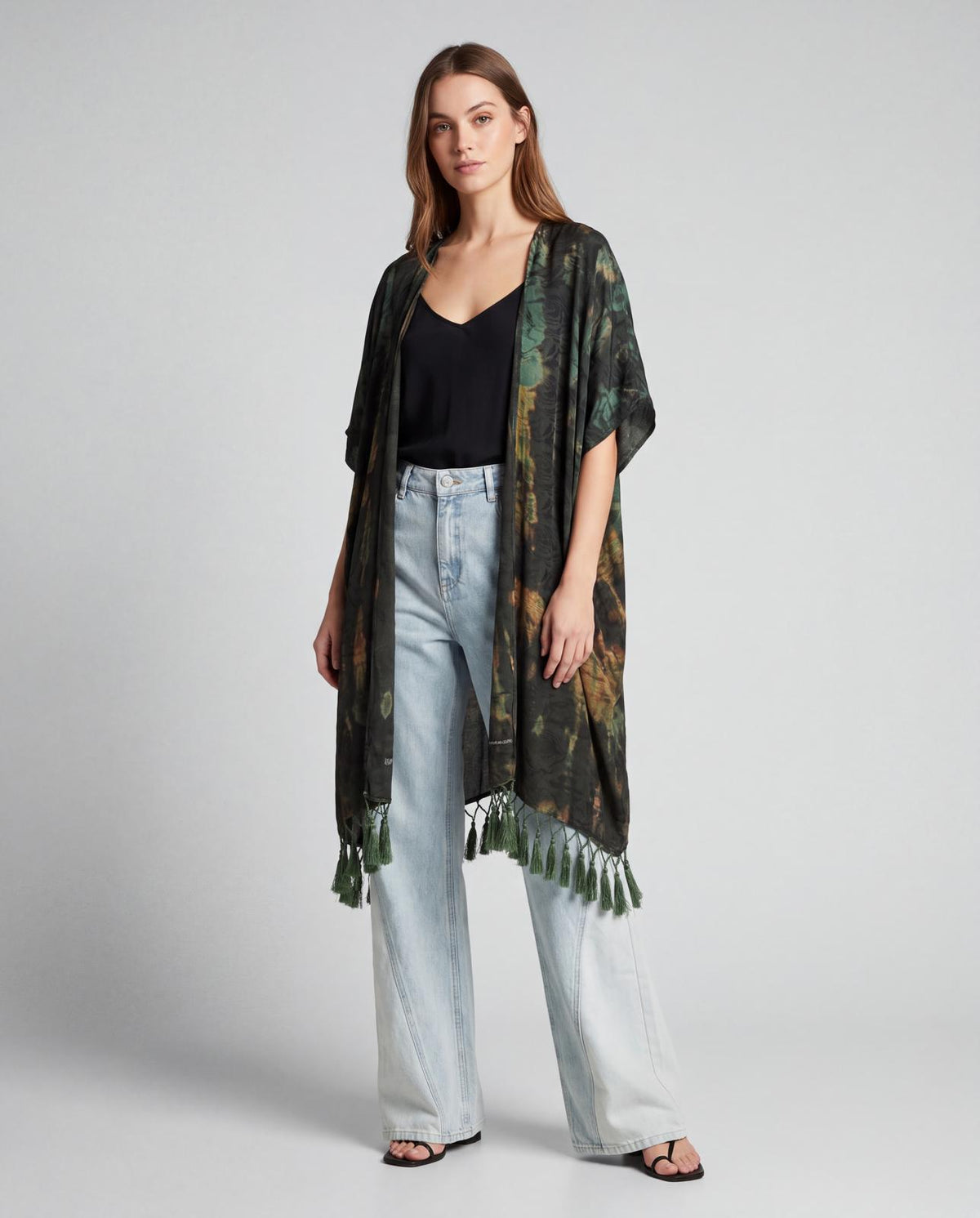 Cofur Silk Pompom Fringe Kimono – Khaki & Rust – front view