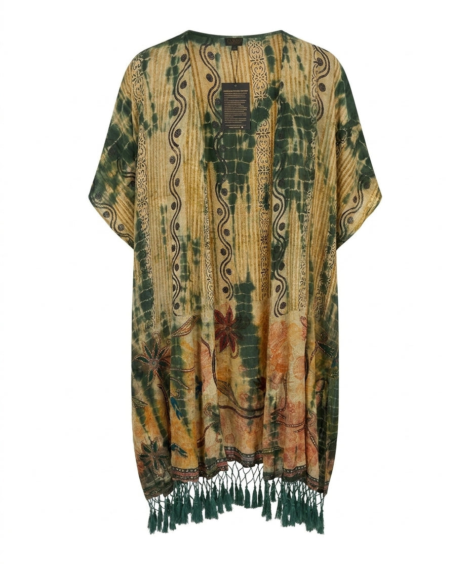 Cofur Silk Pompom Fringe Kimono – Sand & Green – front view