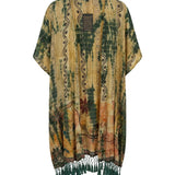 Cofur Silk Pompom Fringe Kimono – Sand & Green – front view