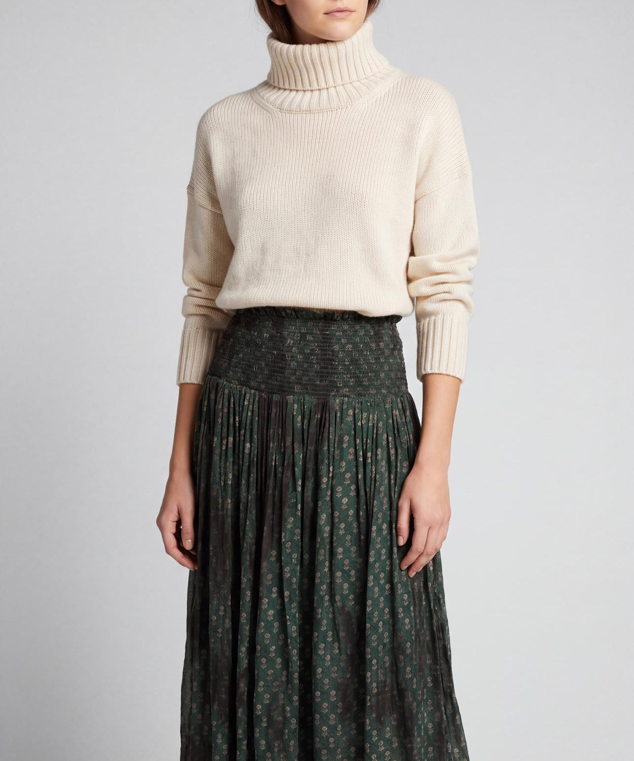 Cofur 'Vienna' Long Sari Silk Skirt – Forest Green – front view
